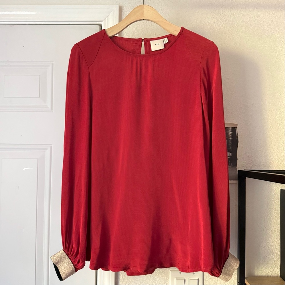 ELK red viscose long puff sleeve elastic gold glitter cuff trim blouse top